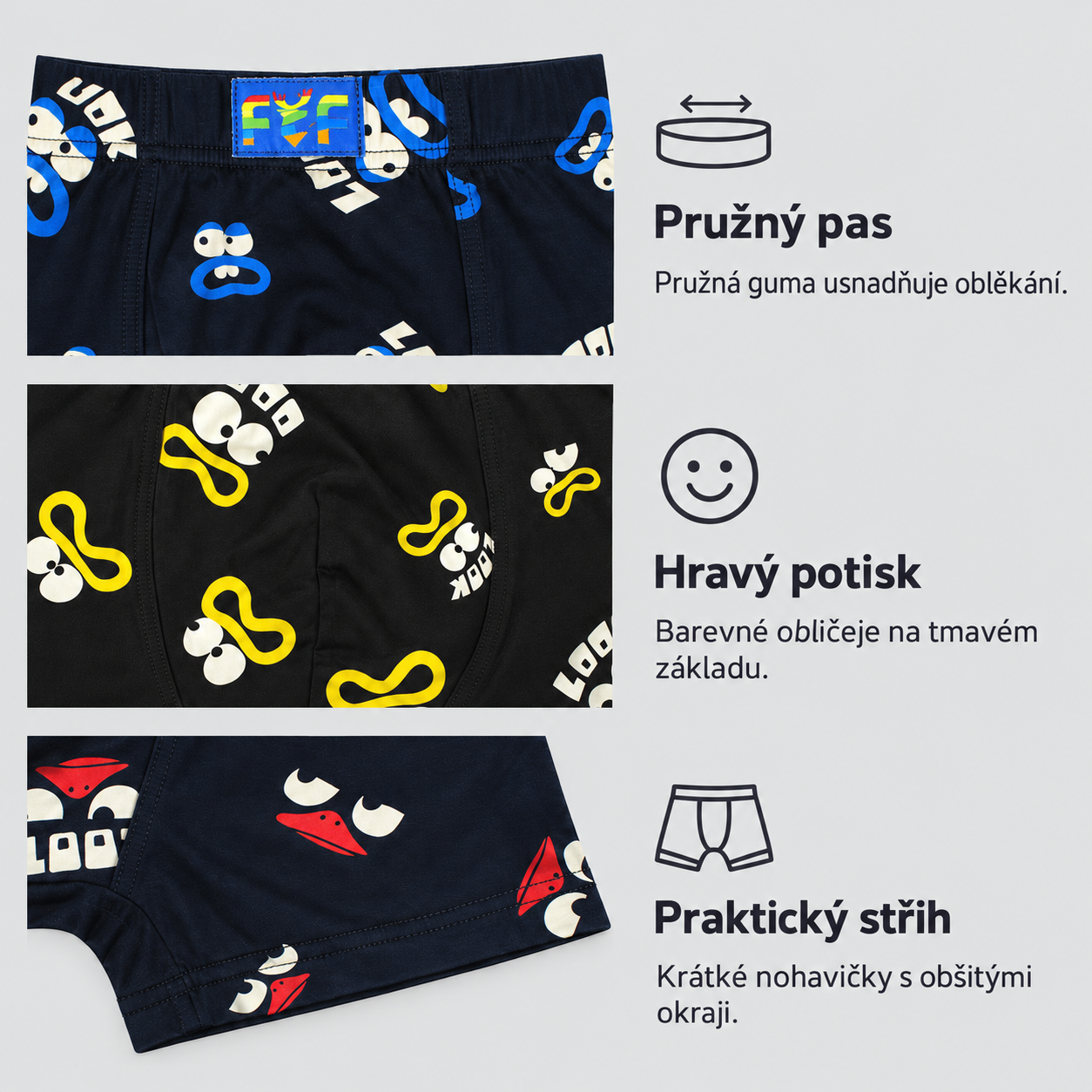 ZQ6794 cartoon-face boxer briefs, illustrated product details on soft gray background